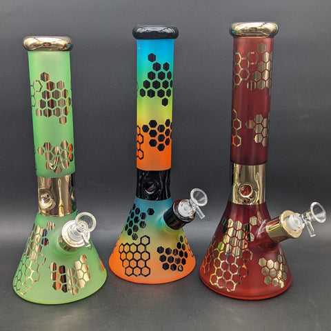 14" Rainbow Sandblasted Beaker w/ Honeycomb Pattern