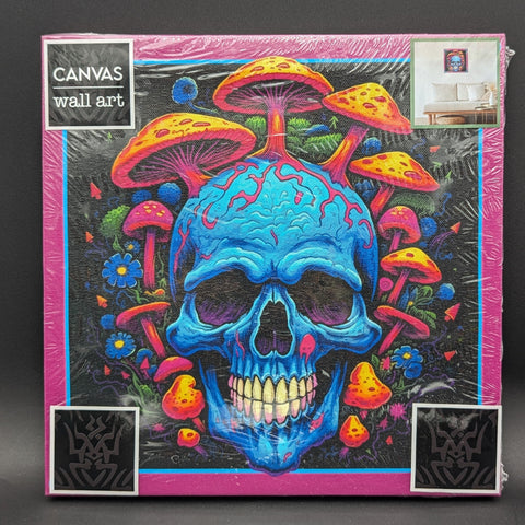 Skull with Mushrooms Wood Backed Canvas Print | 10"
