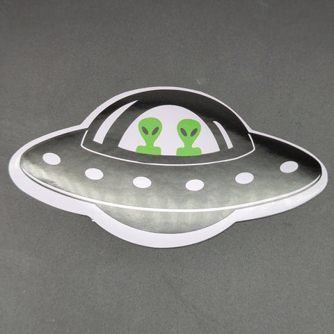 Alien Twins in Flying Saucer Spaceship Sticker - 4.5" x 2.25" - Avernic Smoke Shop