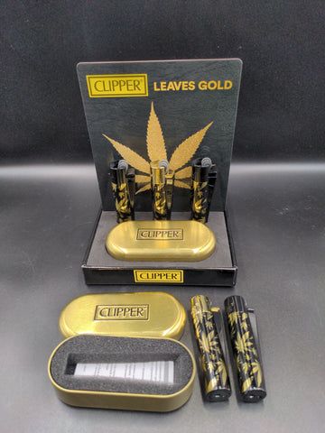 Clipper Metal Gold Leaves Lighter w/ Case 1 Count - Avernic Smoke Shop
