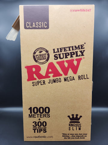 RAW Classic Super Jumbo Mega Roll | 1000m | 300 Tips | King Size Slim